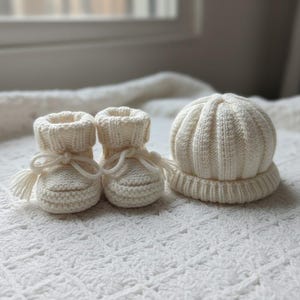 May include: A cream-colored knitted baby set, including a pair of booties with tassel ties and a matching beanie hat. The set is made of soft yarn and is displayed on a textured white surface.