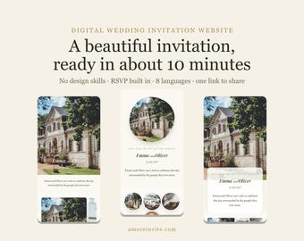 May include: A digital wedding invitation website template featuring three mobile phone screens displaying a manor house image, the names Emma and Oliver, and the date 31 July 2027. Text includes: Digital Wedding Invitation Website, A beautiful invitation, ready in about 10 minutes, No design skills, RSVP built in, 8 languages, one link to share, and amoreinvite.com.