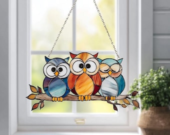 Three Owls Family Suncatcher Owl Stained Glass Window Hanging