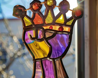 Raised Fist Crown Suncatcher Empowerment Stained Glass Window Hanging