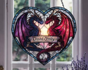 Dragon Heart Suncatcher Personalized Couple Window Hanging Fantasy Gift Decor