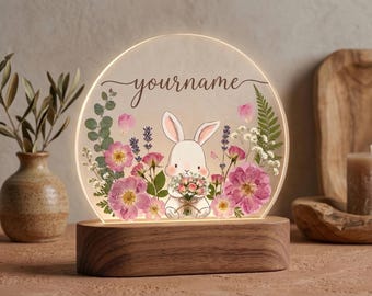 Custom Bunny Floral Lamp Personalized Name Baby Night Light