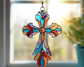 Colorful Cross Stained Suncatcher, Christian Window Hanging Ornament, Religious Decor Gift