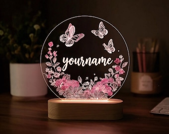 Custom Butterfly Floral Lamp Personalized Name LED Night Light