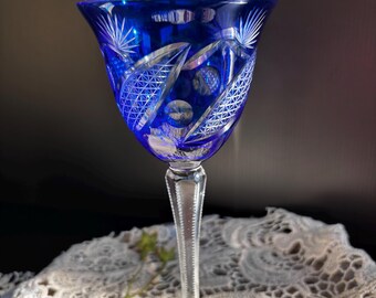 Copa de cristal tallado azul cobalto vintage