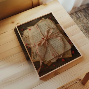 May include: A framed print featuring a stack of vintage letters tied with a pink ribbon adorned with red hearts. Small red heart-shaped confetti is scattered around the letters. The letters have handwritten script.