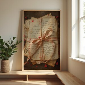 May include: A framed print featuring a stack of aged letters tied with a ribbon adorned with red hearts. The letters have handwritten script. Small red heart-shaped embellishments are scattered around the letters, adding a romantic touch. The frame is a light wood color.