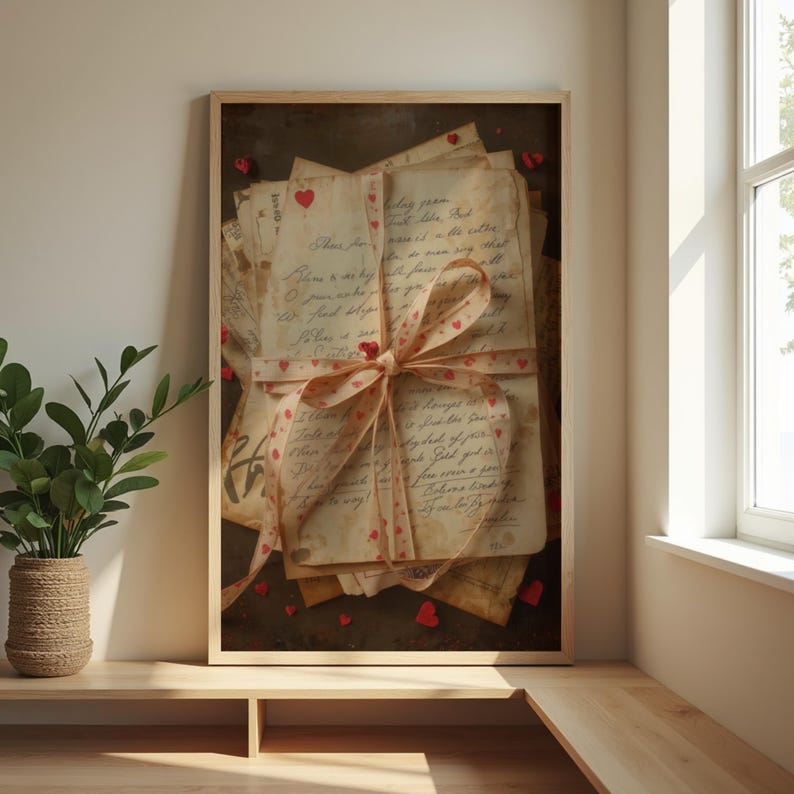 May include: A framed print featuring a stack of aged letters tied with a ribbon adorned with red hearts. The letters have handwritten script. Small red heart-shaped embellishments are scattered around the letters, adding a romantic touch. The frame is a light wood color.
