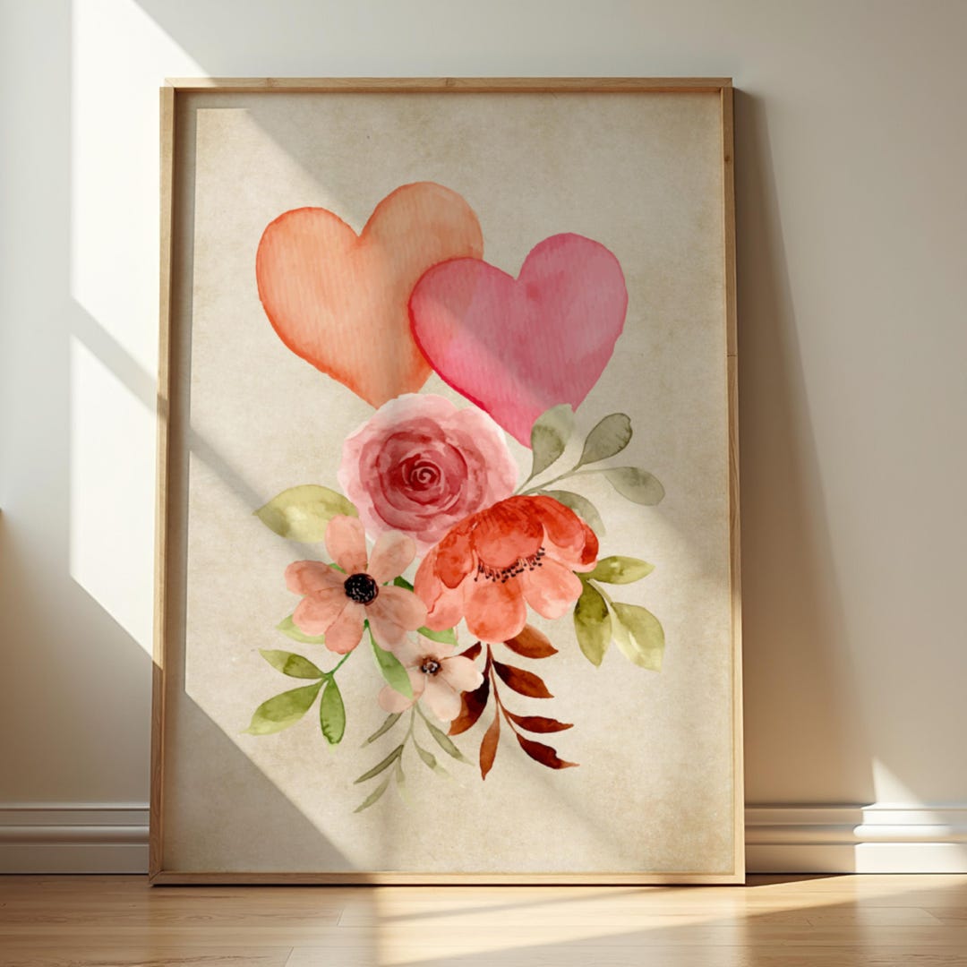 Vintage Valentine Wall Art Two Hearts & Floral Printable Romantic ...