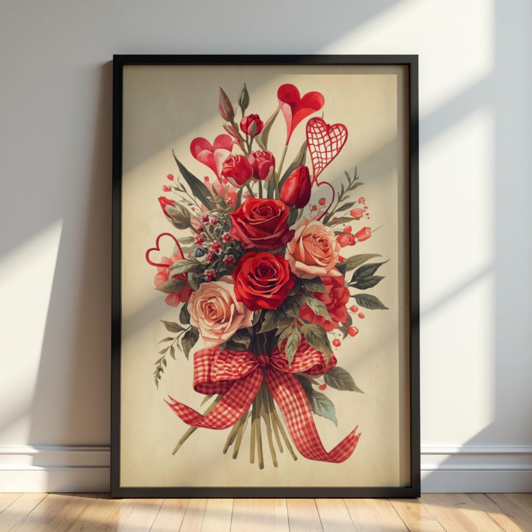 Vintage Valentine Roses Bouquet Wall Art Romantic Floral Printable Love ...