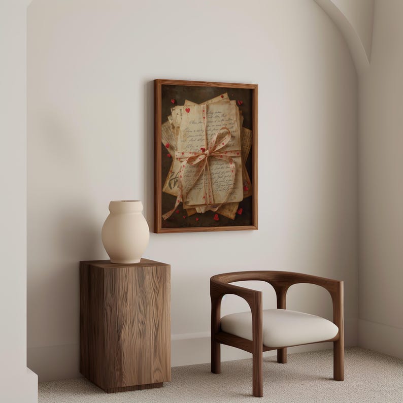 May include: A framed print featuring a stack of vintage letters tied with a ribbon and adorned with small red hearts. The letters have handwritten script. The print is in a dark wooden frame, hanging on a white wall.