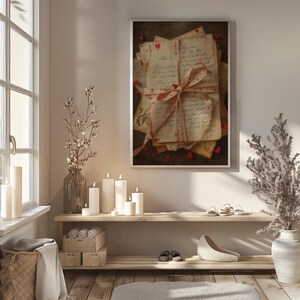 Vintage Valentine love letters wall art hanging on a neutral wall above a wooden bench, featuring antique handwritten letters tied with a heart ribbon and scattered red heart accents. Styled with soft candlelight, dried florals, folded linens, and warm natural light from a window. The aged parchment texture and classic cursive writing create a nostalgic and romantic mood. Perfect for entryway decor, romantic home styling, and timeless Valentine printable wall art.