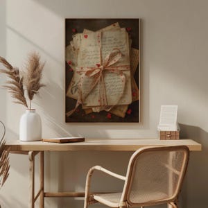 May include: A framed print featuring a stack of vintage letters tied with a pink ribbon. The letters are aged with handwritten script and small red heart accents. The artwork is displayed on a light-colored wall above a wooden desk.