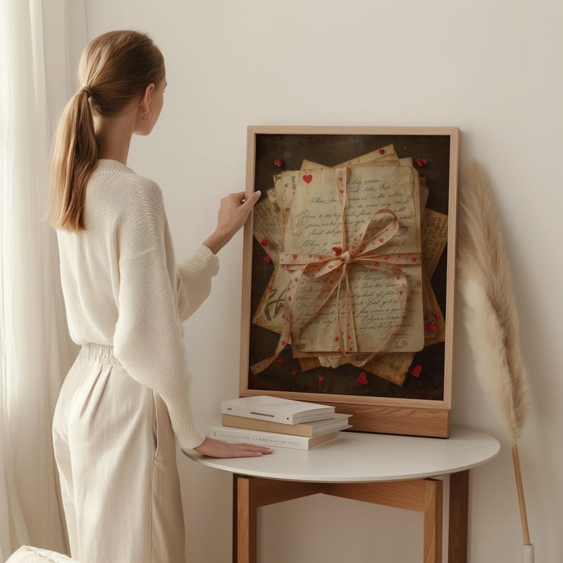 Romantic vintage love letters wall art shown in a styled home interior with a woman gently placing a framed print on a round table. The artwork features antique handwritten letters tied with a heart ribbon, aged paper textures, and subtle red heart details. Soft neutral tones, natural daylight, minimal decor, stacked books, and dried pampas grass create a calm, elegant atmosphere. Ideal for Valentine wall art, romantic printable decor, and vintage-inspired living spaces.
