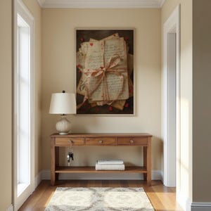 May include: A framed print of vintage letters tied with a ribbon, accented with red hearts. The print hangs above a wooden console table with a lamp, books, and a rug in a hallway setting. The table has a key hanging from the drawer.