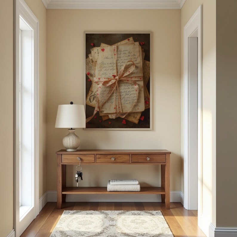 May include: A framed print of vintage letters tied with a ribbon, accented with red hearts. The print hangs above a wooden console table with a lamp, books, and a rug in a hallway setting. The table has a key hanging from the drawer.