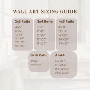 May include: A wall art sizing guide with text in a serif font. The guide lists dimensions for 2x3, 3x4, 4x5, 11x14, and A1-A4 ratios, including sizes like 4"x6", 8"x10", and 24"x36".