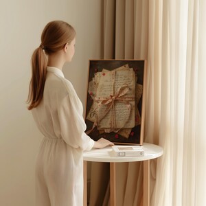 May include: A framed artwork featuring a stack of vintage letters tied with a ribbon adorned with small red hearts. The letters have handwritten script and are arranged on a dark background. The frame is a light brown color.