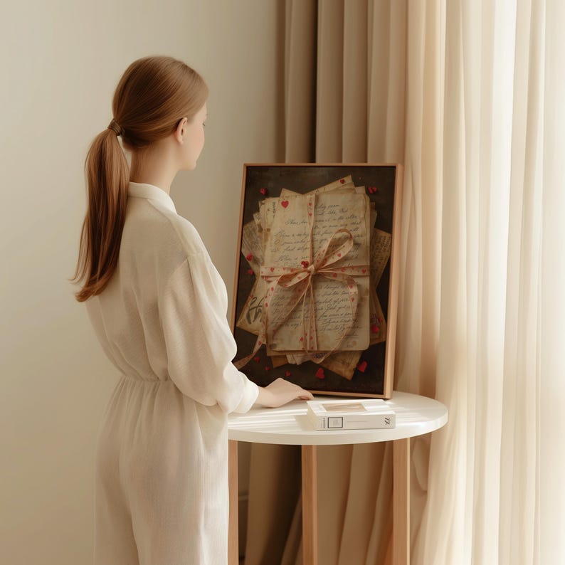 May include: A framed artwork featuring a stack of vintage letters tied with a ribbon adorned with small red hearts. The letters have handwritten script and are arranged on a dark background. The frame is a light brown color.