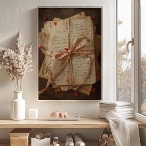 May include: A framed print featuring a stack of aged letters tied with a pink ribbon adorned with red hearts. The letters have handwritten script and small red heart accents. Scattered red heart shapes add to the romantic theme.