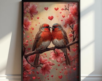 May include: A framed art print featuring two birds perched on a branch, surrounded by pink flowers and red heart shapes. The birds have red breasts and gray heads. The background is a soft, warm color.