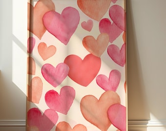 Valentine Watercolor Heart Wall Art Printable Decor for Living Room Bedroom Hallway & Kids Room