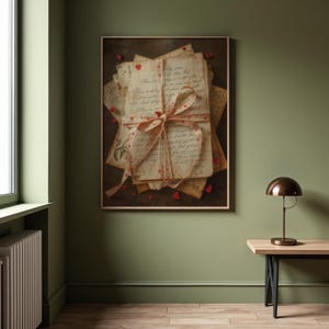 May include: A framed print featuring a stack of aged letters tied with a ribbon adorned with red hearts. The letters have handwritten script and small heart accents. Scattered red heart shapes are visible.