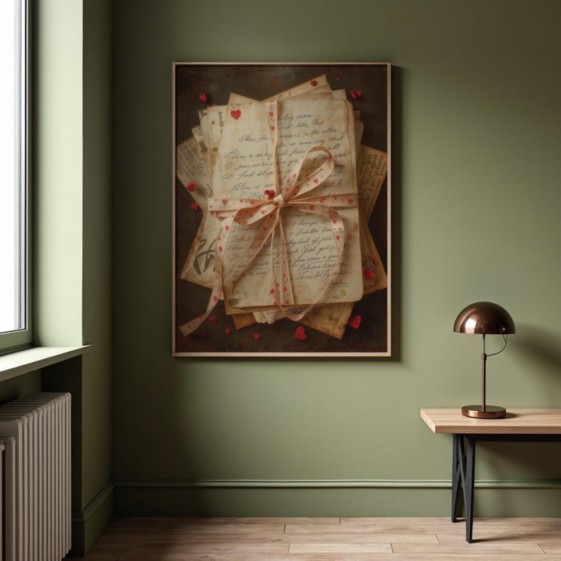 May include: A framed print featuring a stack of aged letters tied with a ribbon adorned with red hearts. The letters have handwritten script and small heart accents. Scattered red heart shapes are visible.