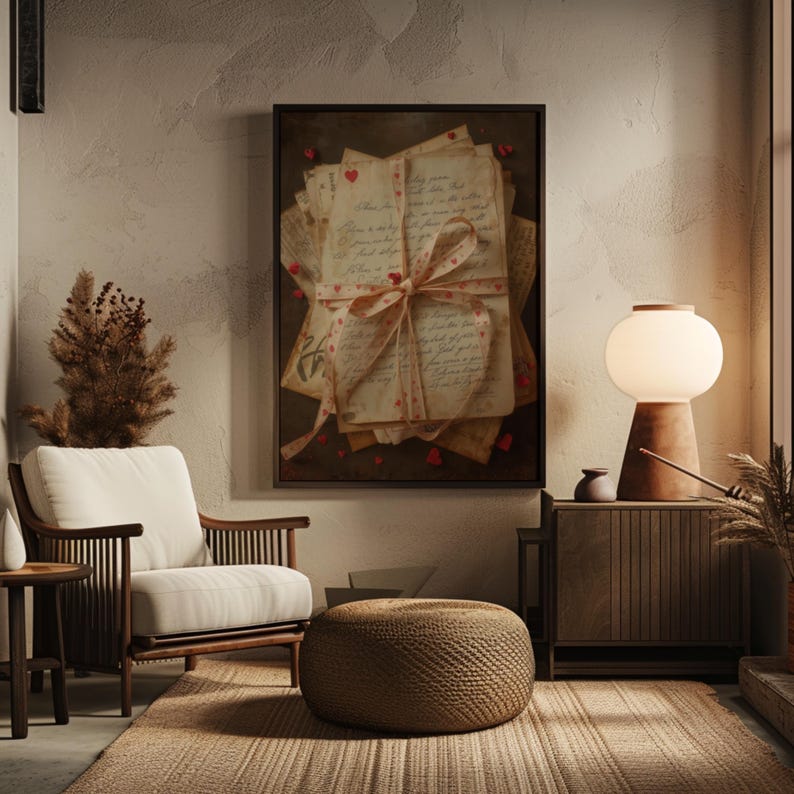 May include: A framed artwork featuring a stack of vintage letters tied with a pink ribbon adorned with hearts. The letters have handwritten script. The artwork is displayed in a cozy living room setting with a chair, ottoman, and lamp.