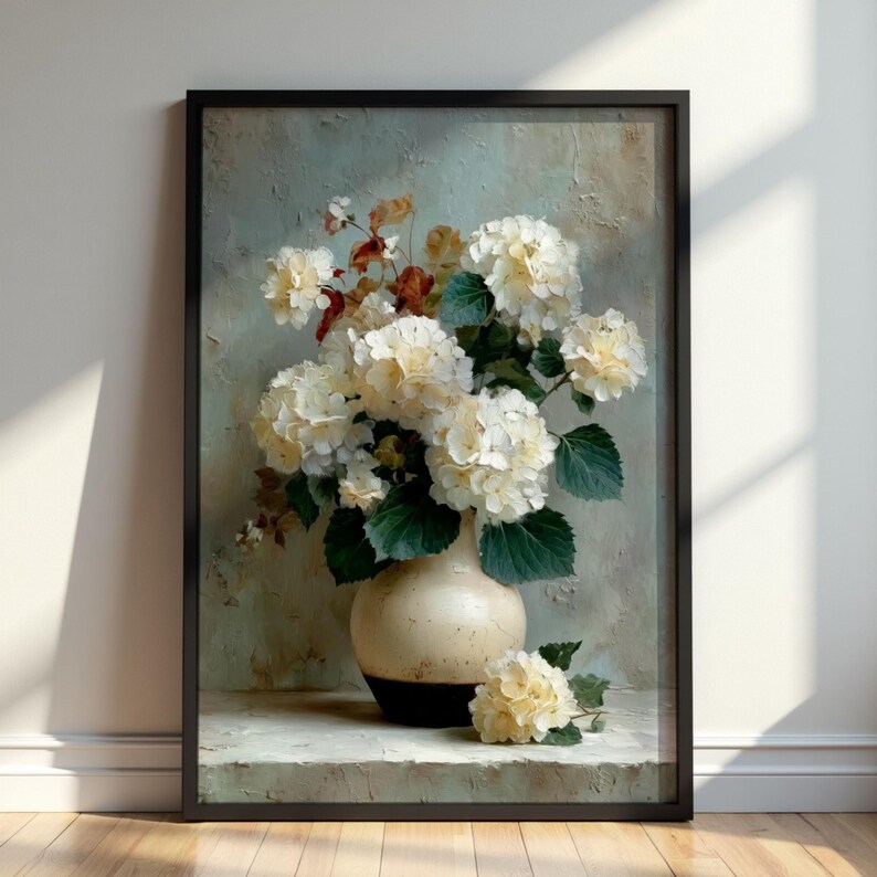 Vintage White Hydrangea Vase Wall Art Oil Painting Neutral Floral Print ...