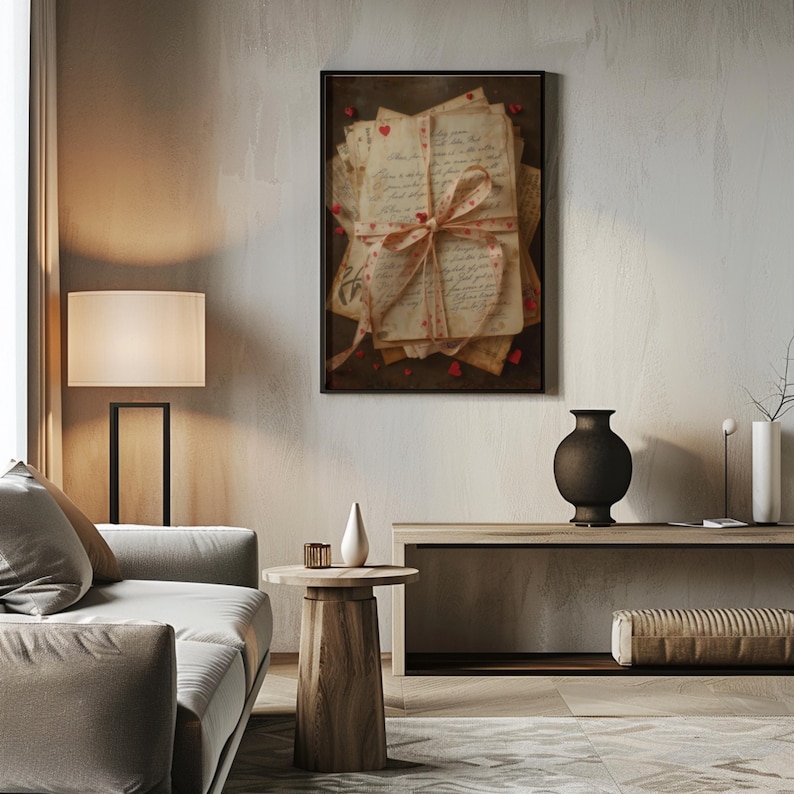 Romantic vintage love letters wall art displayed in a modern minimalist living room with neutral tones. The framed print features antique handwritten letters tied with a heart-patterned ribbon, aged paper textures, and small red heart accents against a dark background. Styled above a wooden console with ceramic vases, soft lighting, and cozy furnishings, blending vintage romance with contemporary decor. Ideal for Valentine wall art, elegant printable decor, and cozy romantic interiors.