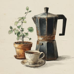 May include: An illustration of a coffee setup featuring a dark, metallic stovetop espresso maker, a small potted plant, and a cup of coffee on a saucer. The coffee cup is white with a brown liquid inside. The plant is in a terracotta pot.
