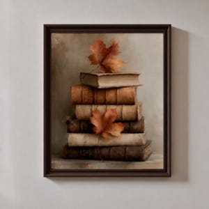 Stampa artistica da parete vintage con pila di libri autunnali, natura morta autunnale rustica antica, arredamento in stile country francese per angolo lettura.