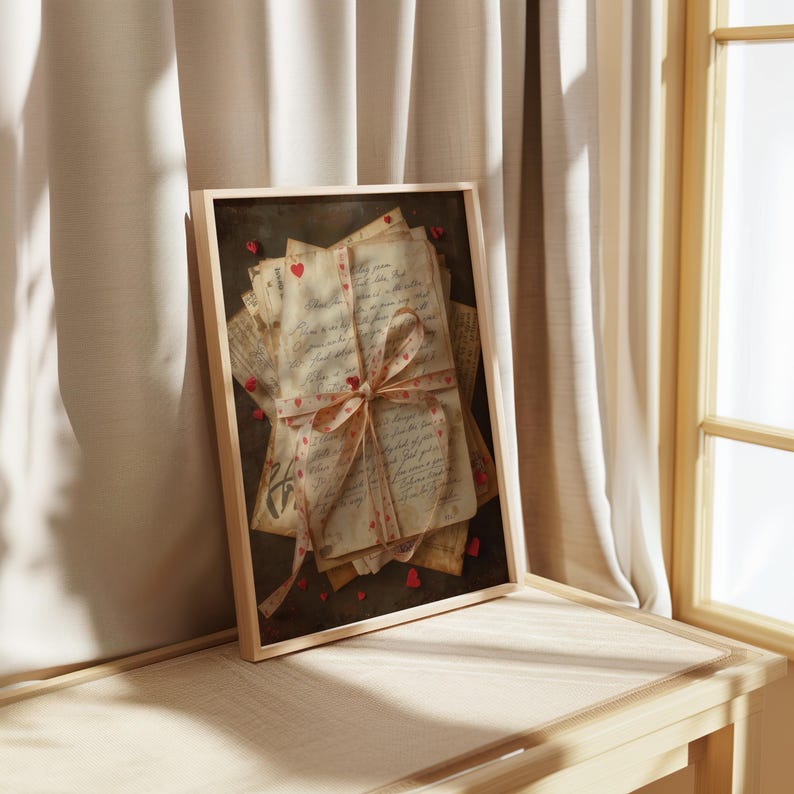 May include: A framed print featuring a stack of aged, handwritten letters tied with a ribbon adorned with red hearts. The letters have a vintage aesthetic, with visible script and small heart accents. The frame is light-colored wood.