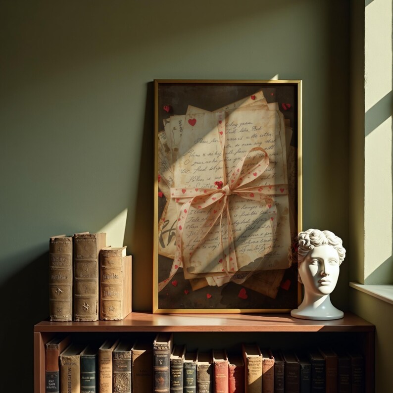 May include: A framed artwork featuring vintage love letters tied with a ribbon adorned with hearts. The artwork is in a gold frame and is displayed on a wooden shelf with antique books. A white bust is on the shelf.