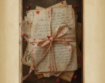 May include: A framed artwork featuring a stack of aged, handwritten letters tied with a ribbon adorned with red hearts. Scattered around the letters are small, heart-shaped embellishments. The artwork has a vintage, romantic aesthetic.