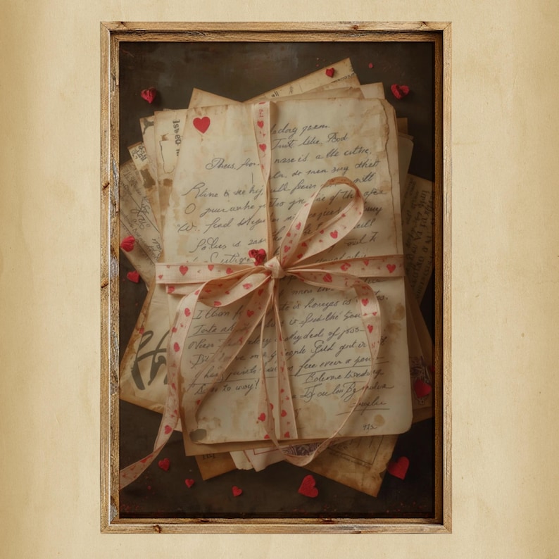 May include: A framed artwork featuring a stack of aged, handwritten letters tied with a ribbon adorned with red hearts. Scattered around the letters are small, heart-shaped embellishments. The artwork has a vintage, romantic aesthetic.