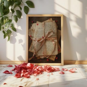 Vintage Valentine love letters wall art displayed in a light wood frame, featuring a stack of antique handwritten letters tied with a soft heart-patterned ribbon. The artwork shows aged parchment paper, cursive script, and scattered red heart accents on a dark moody background. Styled on a marble floor with pink and red rose petals in front, warm natural sunlight, and greenery nearby, creating a romantic, nostalgic, and elegant home decor scene perfect for Valentine’s Day or vintage interiors.