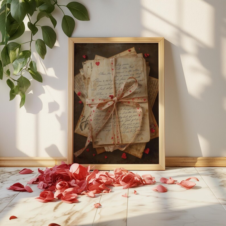 Vintage Valentine love letters wall art displayed in a light wood frame, featuring a stack of antique handwritten letters tied with a soft heart-patterned ribbon. The artwork shows aged parchment paper, cursive script, and scattered red heart accents on a dark moody background. Styled on a marble floor with pink and red rose petals in front, warm natural sunlight, and greenery nearby, creating a romantic, nostalgic, and elegant home decor scene perfect for Valentine’s Day or vintage interiors.