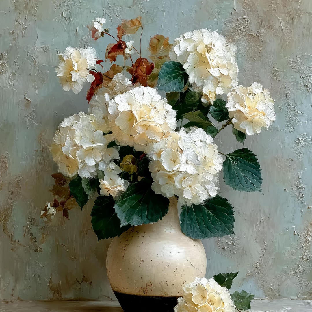 Vintage White Hydrangea Vase Wall Art Oil Painting Neutral Floral Print ...