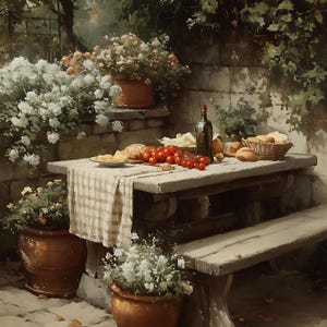 May include: A rustic outdoor scene featuring a wooden picnic table set with food and a bottle of wine. The table is covered with a checkered tablecloth and laden with tomatoes, bread, and cheese. Potted flowers and a stone wall complete the inviting setting.