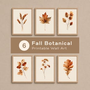 Höstbotanisk utskrivbar väggkonstpaket, set med 6 vintage hösttryck, minimalistiska enbladiga blommor naturgalleri akvarellmålningar