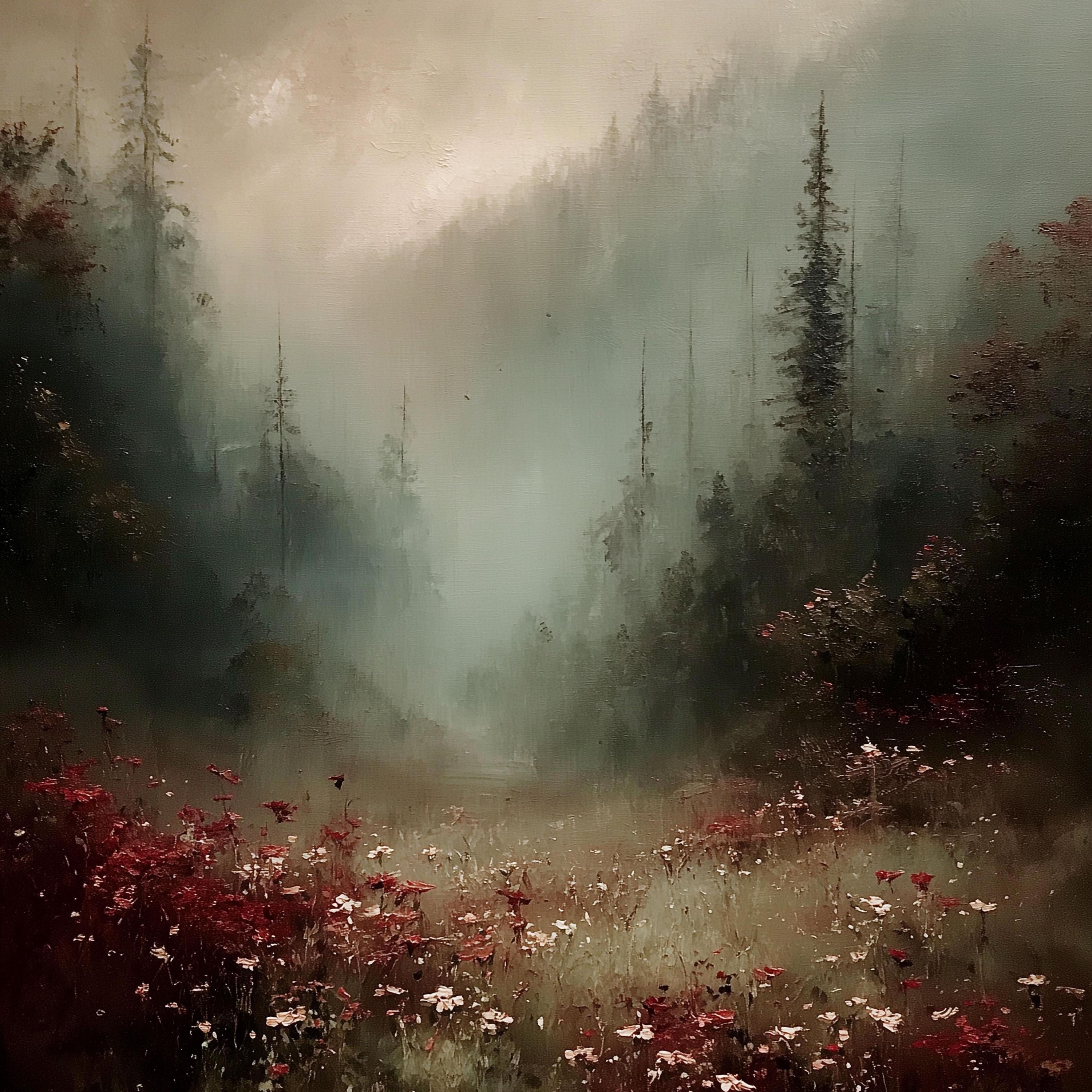 Vintage Dark Moody Forest Printable Wall Art, Misty Woodland Meadow Oil ...