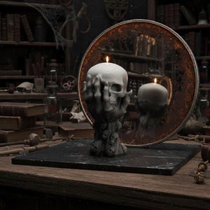 May include: A white skull-shaped candle held by a gray hand-shaped base, with a small flame lit on top. The candle sits on a black surface, with a round mirror in the background. The theme is gothic and spooky.