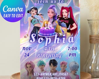 K-Pop Birthday Invitation | Sophia Birthday Party Invite | Kpop Anime Style | Editable Canva Template | Digital Download