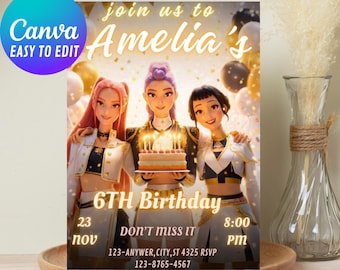 K-Pop Dämonenjäger Party Einladung | Canva Bearbeitbare Geburtstagsvorlage | Huntrix Gold & Weiß Stil | Druckbar einladen