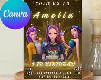 K-Pop Anime Birthday Invitation | Girls Pop Party Invite | Editable Canva Template | Digital Download