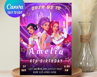 K-Pop Anime Birthday Invitation | Editable Canva Template | Girls Party Invite | Digital Download