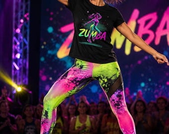 Women's Neon Zumba Dancer T-Shirt, Vibrant Workout Top, Dance Fitness Activewear