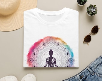 Camiseta colorida con diseño de mandala espiritual para yoga y meditación en 6 colores.